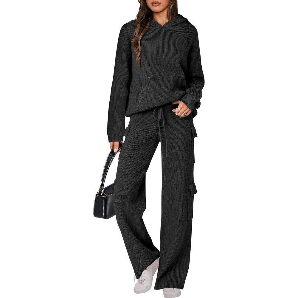 Women’s Casual Knit Hoodie Sweater & Wide Leg Pants Set Small Black